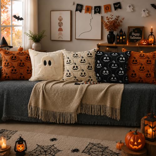 Halloween Pumpkin Pillow Covers Set of 2 - 18x18 Soft Plush Decor