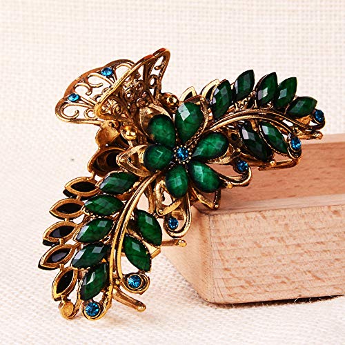 Green Large Metal Rhinestone Hair Claw Clip for Thick Hair - Vintage Alloy Barrette for Women & Girls