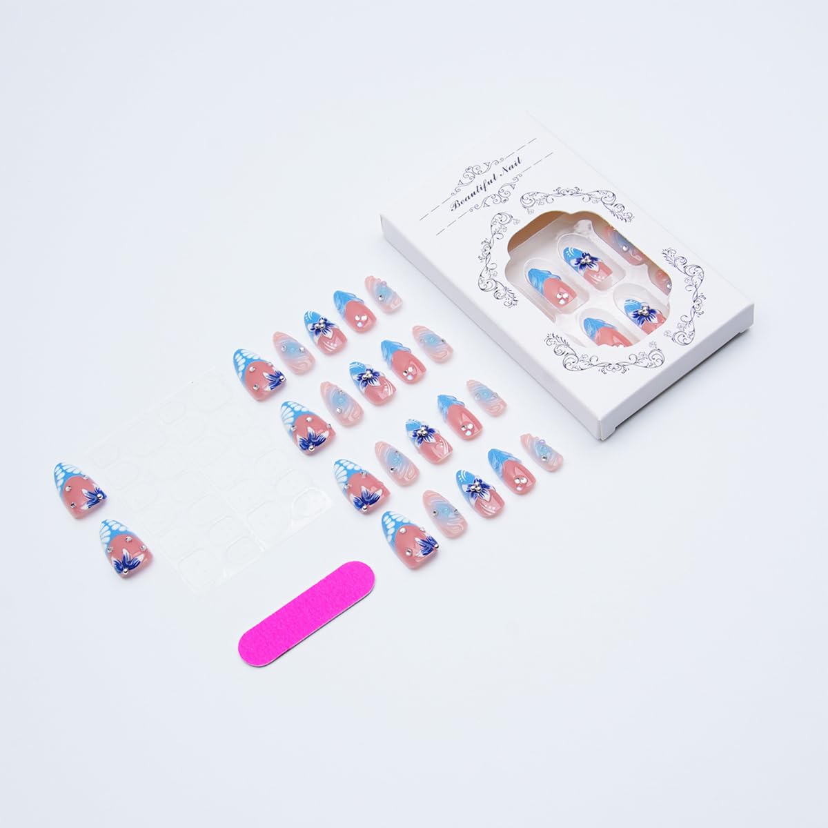 Press On Nails - 30Pcs Summer Blue Flower Design with Rhinestones | Medium Almond Reusable Acrylic Beach Vacation Nails