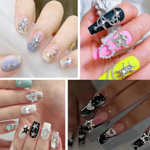 55pcs Y2K Silver Star Nail Charms - 3D Rhinestones for Nail Art