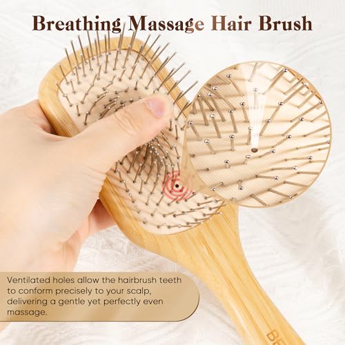 BFWood Bamboo Hair Brush with Metal Bristles for Detangling and Scalp