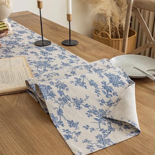 14x90 Inch Dark Blue Floral Table Runner - Washable & Wrinkle Resistant