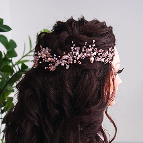 Kercisbeauty Rose Gold Pink Crystal Pearl Boho Headband