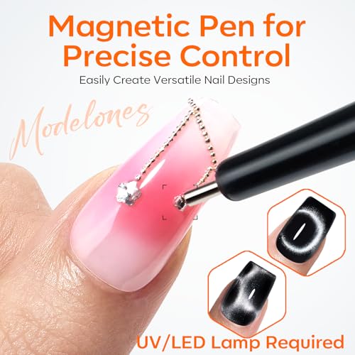 modelones Cat Eye Magnet Set, 15PCS Multi-Shape Nail Magnet for Cateye Gel Polish, Heart Moon Flower Square Effects with Bead-Attracting Nail Art Tool, UV/LED Lamp Required, DIY Nail Art
