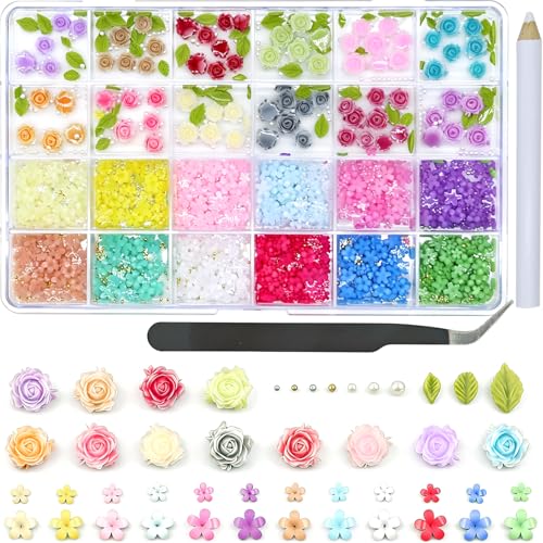 Flower Nail Charms,Colorful Resin Art Decor with Leaves and Gold