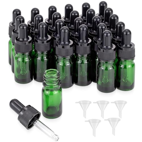 JIWU Green 5ml Glass Dropper Bottles with Funnels - Sample Vials for Essential Oils