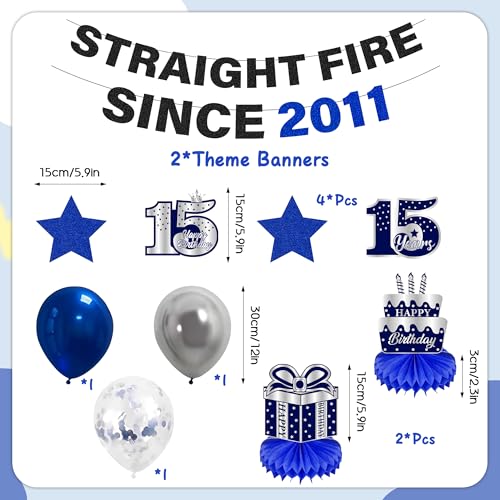15th Birthday Decoration Set - 11 Pcs Blue & Black Balloons, Banners, and Honeycomb