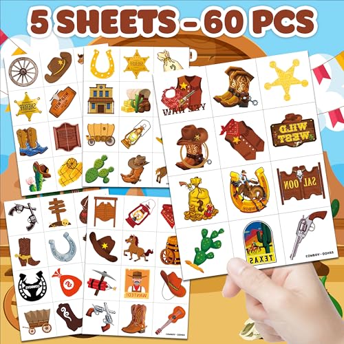 Cowboy Temporary Tattoos for Kids - 60 Pre-Cut Stickers