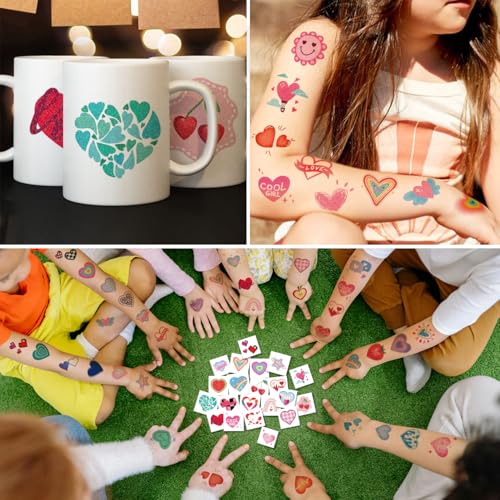 CHARLENT Glitter Heart Temporary Tattoos for Girls & Women - Set of 74 Styles