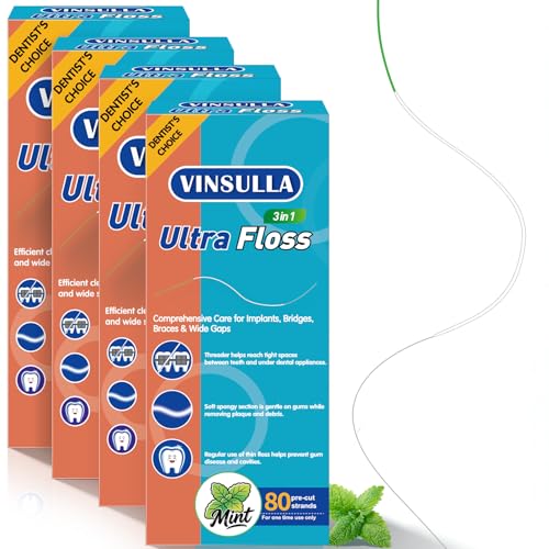 VINSULLA 3-in-1 Orthodontic Dental Floss, Mint, 80 Count (Pack of 4)