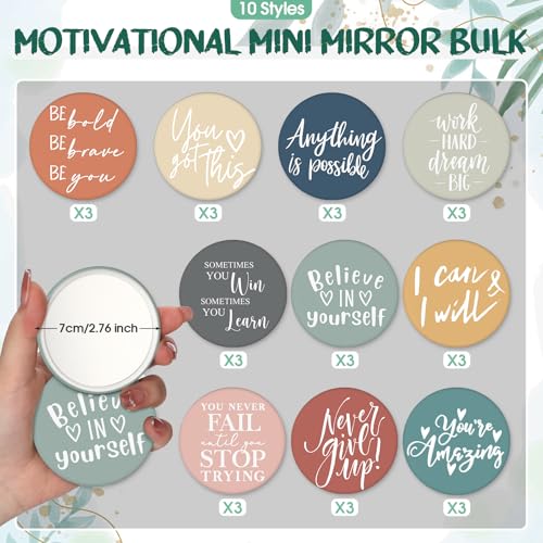 30 Pcs Inspirational Compact Mirrors for Women, 2.76-Inch Portable Bulk Gift