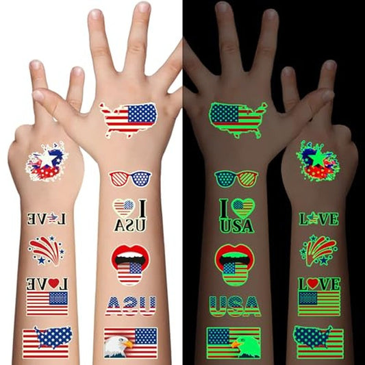 Awinmay 80 Pcs Luminous 4th of July Temporary Tattoos for Kids, American Flag Red White and Blue Decor, Fourth of July, USA Party Favors, Memorial Day, Independence Day, Labor Day Glow Party Supplies