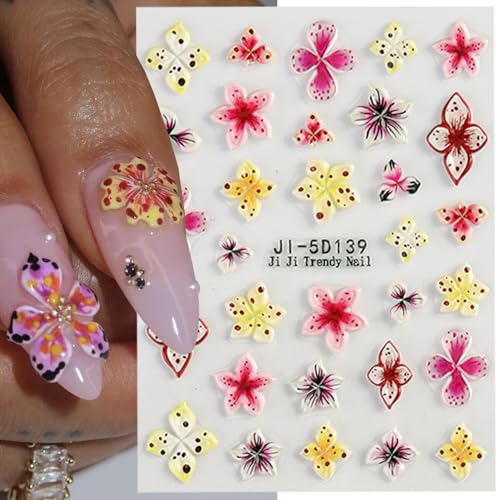 MIXFOSAHN 3D Flower Style Nail Stickers Self-Adhesive Colorful Floral Art Set - 4 Sheets