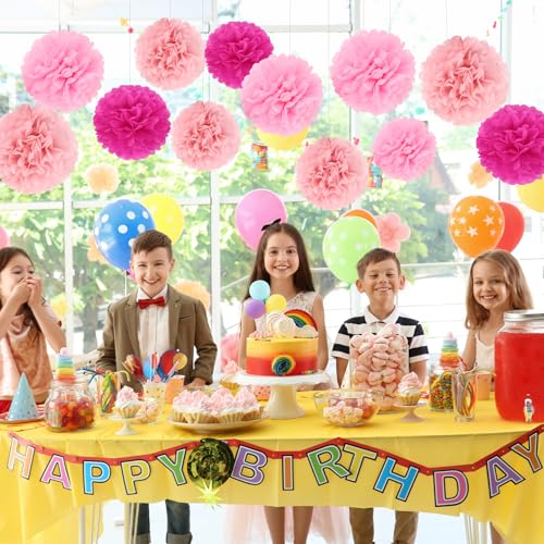 BestoFun 16Pcs Hot Pink Pom Poms for Party Decorations