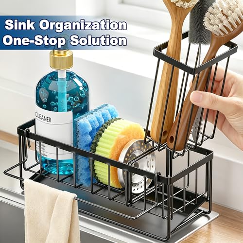OERPHO Kitchen Sink Sponge Holder with Drainage System, Black