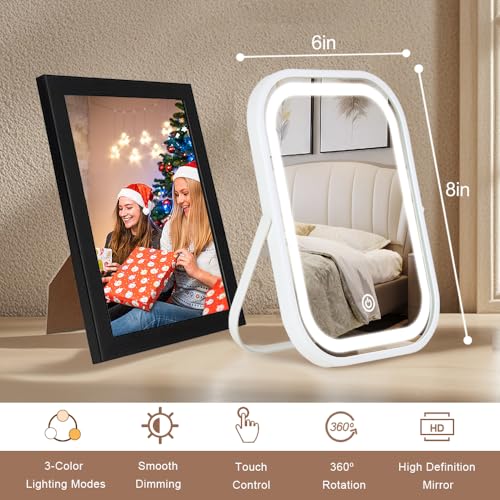 YEKKOPT Travel Makeup Mirror with Lights, Portable Small Beauty LED Vanity Mirror with Lights, 1200mAh Battery, Dimmable Touch Screen, Tabletop Folding Compact Mirror,Women Gift