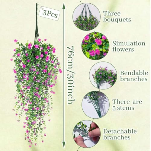Artificial Hanging Flowers - 3 Pcs UV Resistant Faux Plants for Indoor & Outdoor Decor