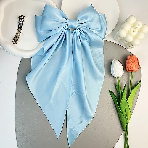 Large Silky Satin Blue Bow Hair Clip with Long Tails for Women
