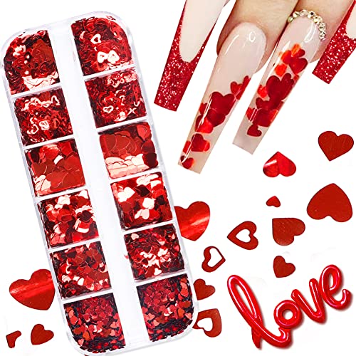 Colorful Valentine's Holographic Nail Art Glitters with Red Heart Charms - 12 Grids