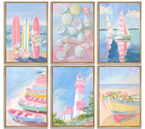 6 Pcs Pink Coastal Wall Art Set - Aesthetic Beach Prints for Girls