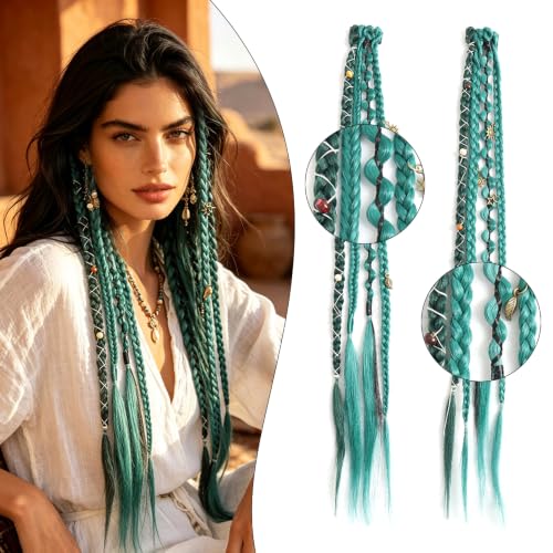 Eliza Green Braid Hair Extensions - 20" Clip-In Dreadlocks with Beads