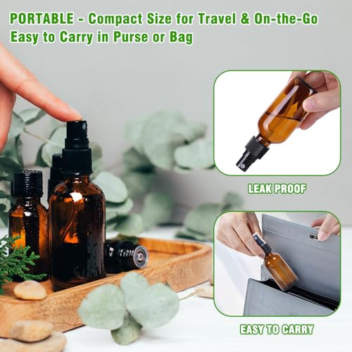 2oz Amber Glass Spray Bottles Set for Essential Oils & Travel - 2-Pack