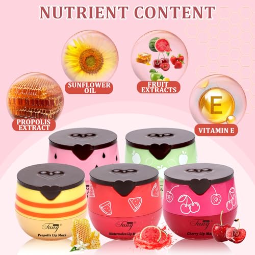 5 Pcs Bee Lip Balm Set - Honey, Strawberry, Watermelon, Apple Lime, Cherry - Moisturizing Overnight Lip Mask
