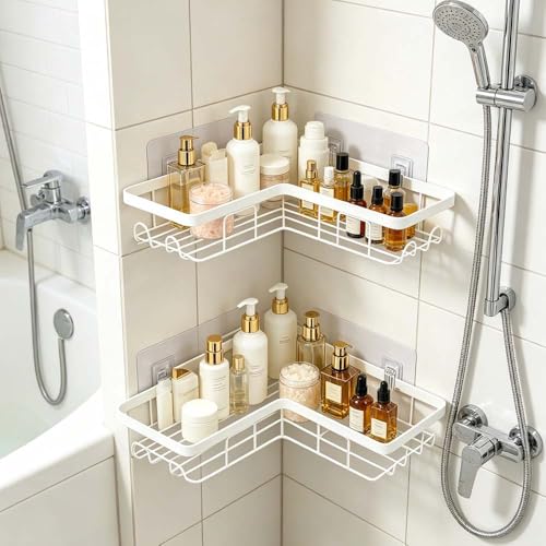 2-Pack Corner Shower Caddy - No Drilling, Rustproof Bathroom Organizer with Hooks