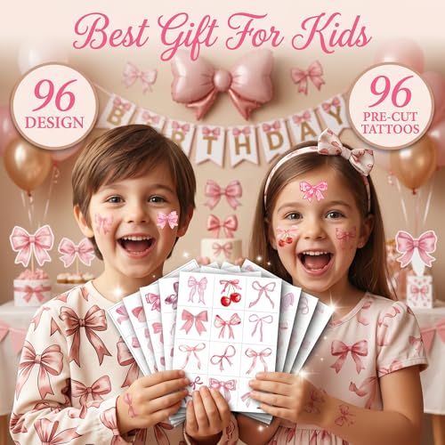 96 PCS Pink Bow Temporary Tattoos for Girls - Party Favors & Activities