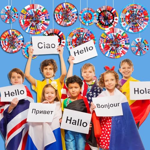 12 Pcs International Flags Paper Fans for Party Decorations