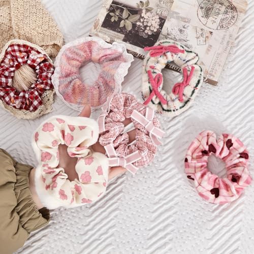 Pink Velvet Elastic Hair Ties 6-Pack for Women - Gentle Scrunchies