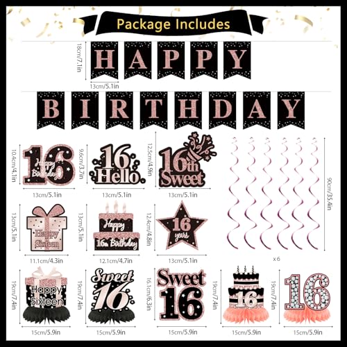 Rose Gold & Black Sweet 16 Party Decorations Kit
