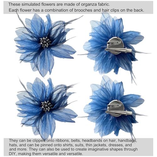 Sanrich 4pcs Organza Flower Feather Hair Clips - Blue
