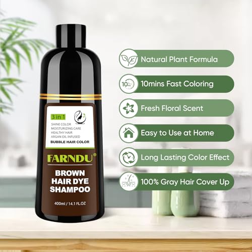 Farndu Brown Hair Dye Shampoo for Gray Hair Coverage, Ammonia-Free 3-in-1