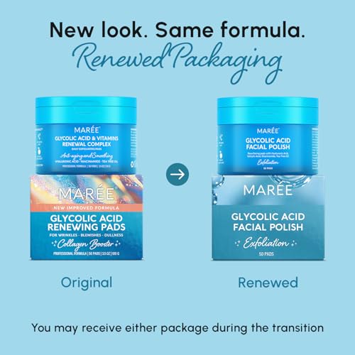 MAREE Glycolic Acid Pads - Toner Pads for Face Cleansing - Exfoliating Pad with Tea Tree Oil, Salicylic Acid & Vitamins E, B3, B5 - Facial Polishes & Peels, Skin Pore Resurfacing & Radiance - 50 Count
