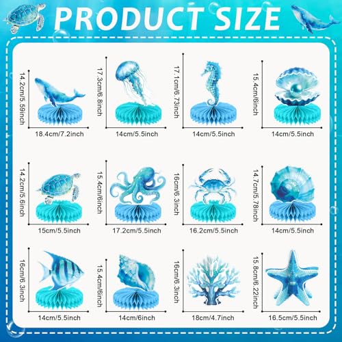 12 Pcs Gradient Blue Under the Sea Honeycomb Centerpieces - Ocean Animal Decor for Parties