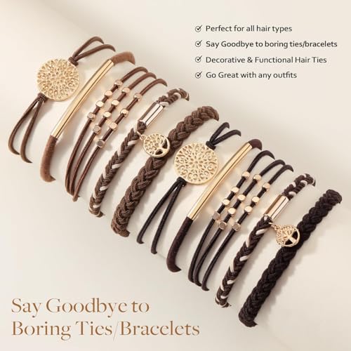 SYGY 10 PCS Boho Hair Ties & Bracelets - Dark Coffee Colors