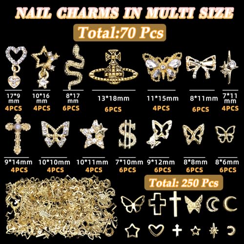 Cynailli 320 Pcs Gold Nail Charms & Gems Set - Cross, Snake, Heart, Star, Dangle & More, Variation S1