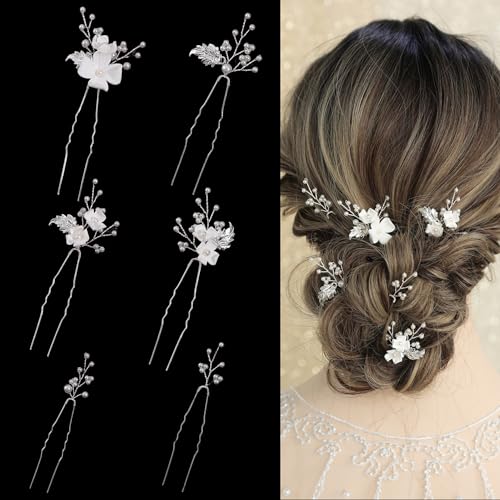 Silver Pearl Flower Bridal Hair Pins - 6 Pcs Wedding Accessories