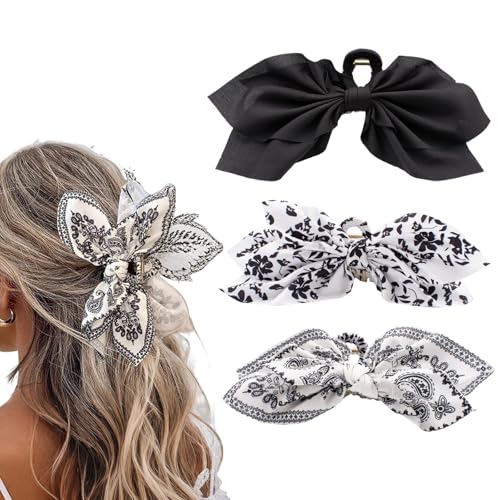 Hadutrek 3PC Bow Claw Hair Clips - Black & White Floral, Paisley