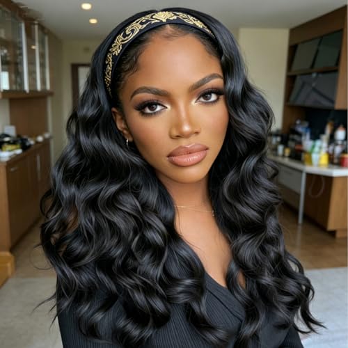 Wavy Headband Wig for Black Women, 22 Inch Synthetic Half Wig, Glueless & Natural-Looking