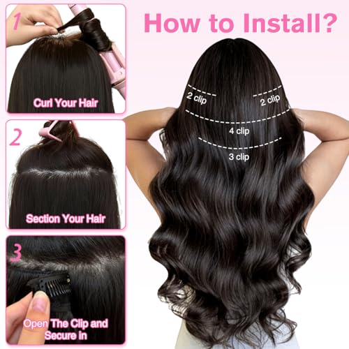 Yulalagaga 24 Inch Wavy Clip In Hair Extensions - 4PCS Natural Black