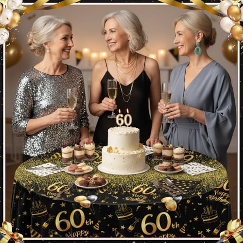 Oudain 3-Pack 60th Birthday Tablecloths - Black & Gold, 84-Inch
