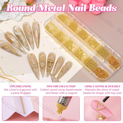 Gold Caviar Beads & Nail Chains Kit for Acrylic Nails - 0.8-2mm