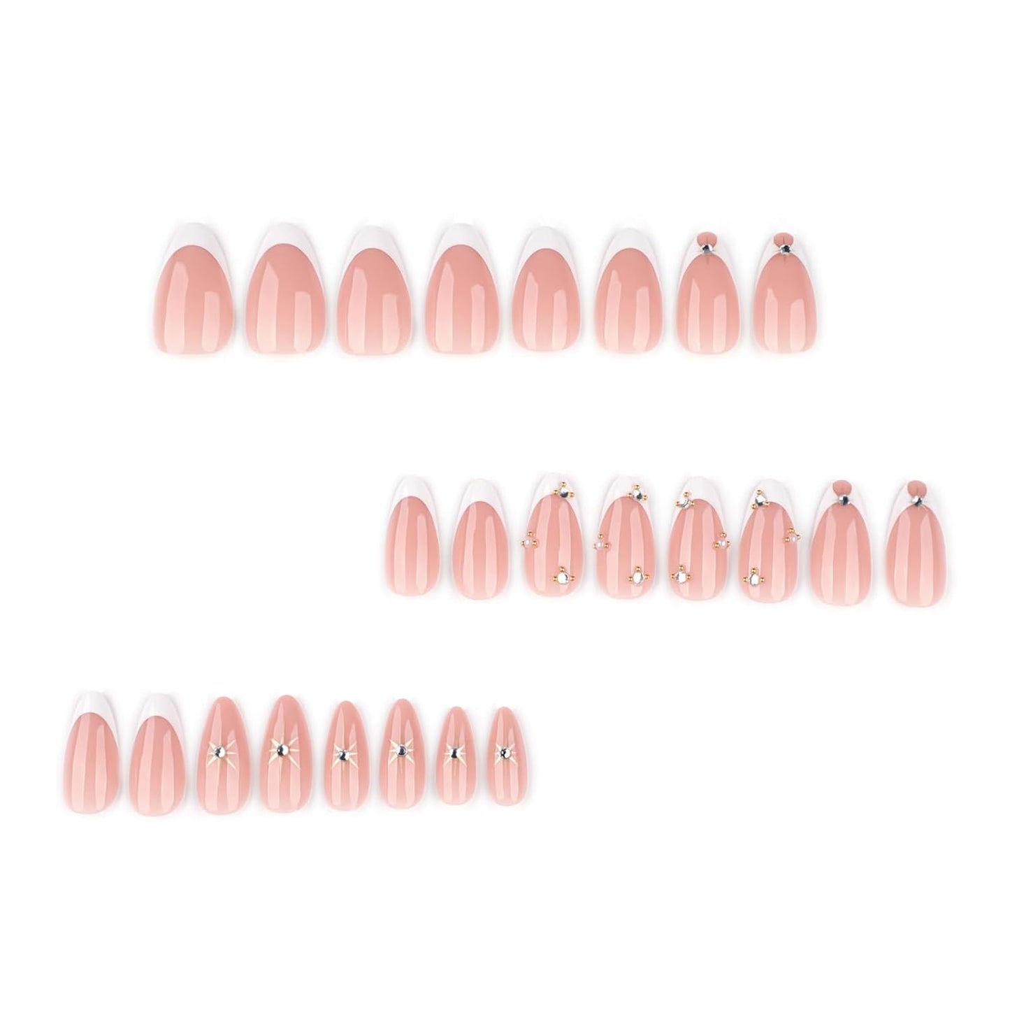 Press On Nails - French Tip Design with Rhinestones | Medium Almond Glossy Full Cover - 24 Pcs