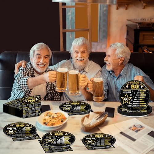 80th Birthday Party Supplies Set - Black Gold Plates & Napkins