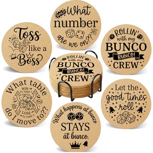 Funny Bunco Coasters Set of 6 with Holder - Cork Drink Coasters