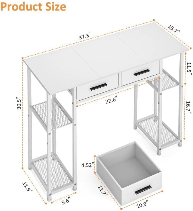 White Computer Desk with Drawers - 37.3 Inch Home Office Workstation | Compact Study Table for Small Spaces
