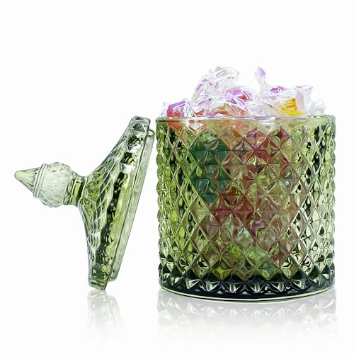 Olive Green Crystal Glass Qtip Holder & Candy Jar with Lid