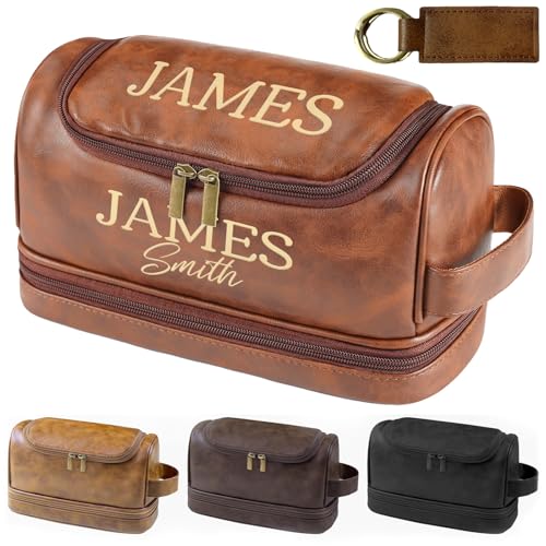 Sparklove Personalized Toiletry Bag for Men Gifts, Father Day Gifts Custom Leather Shaving Bag, Engraved Travel Bag, Birthday Present for Dad Husband Groomsmen Son Wedding Anniversay